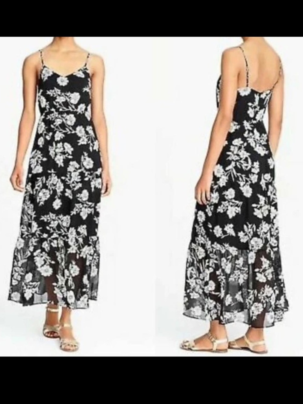 J.Crew Mercantile Black White Floral Midi Dress Size 6 Sleeveless Tiered Cami - Picture 2 of 6
